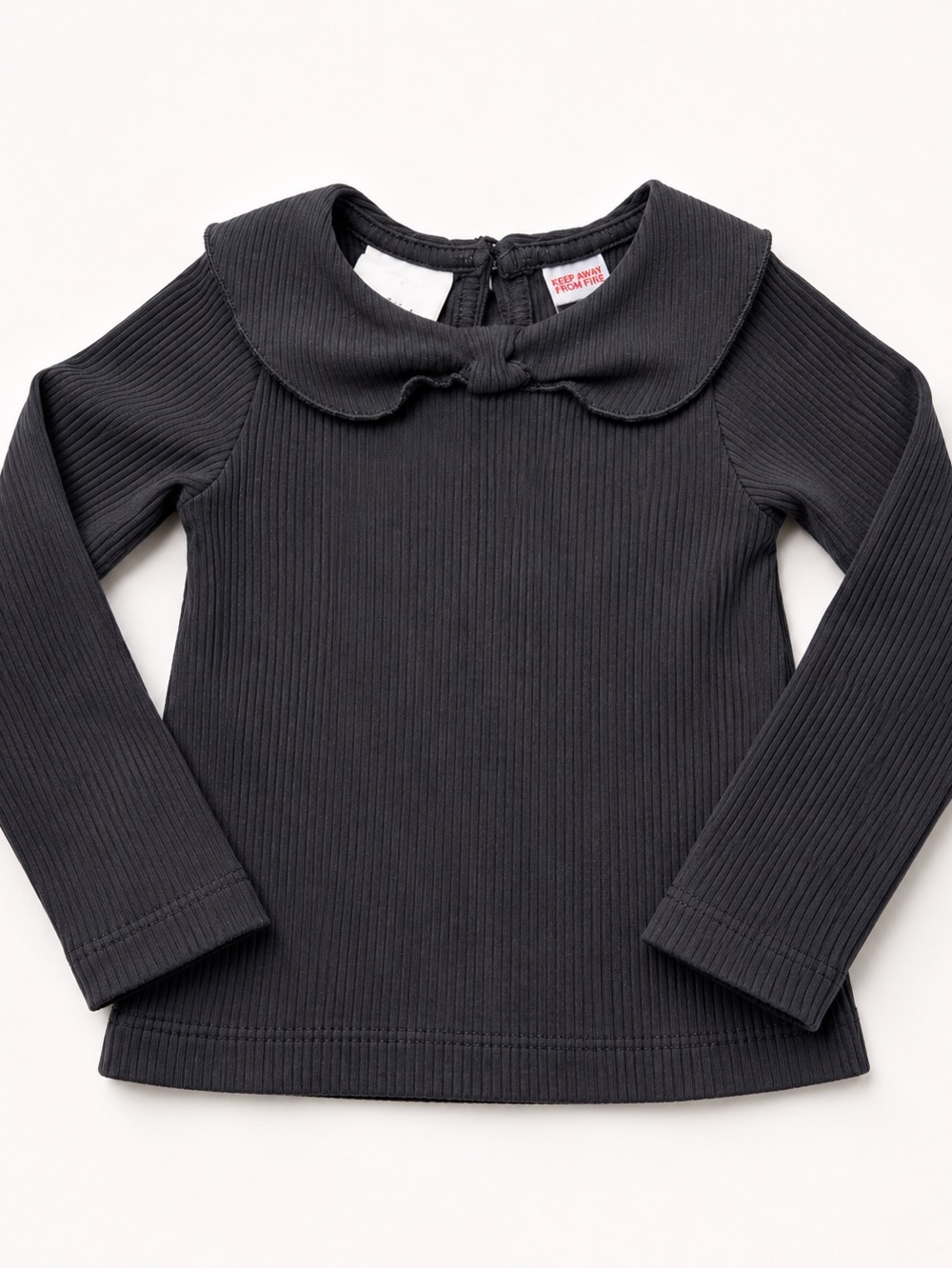 Zara Black Ribbed Long-Sleeve Top with Peter Pan Collar